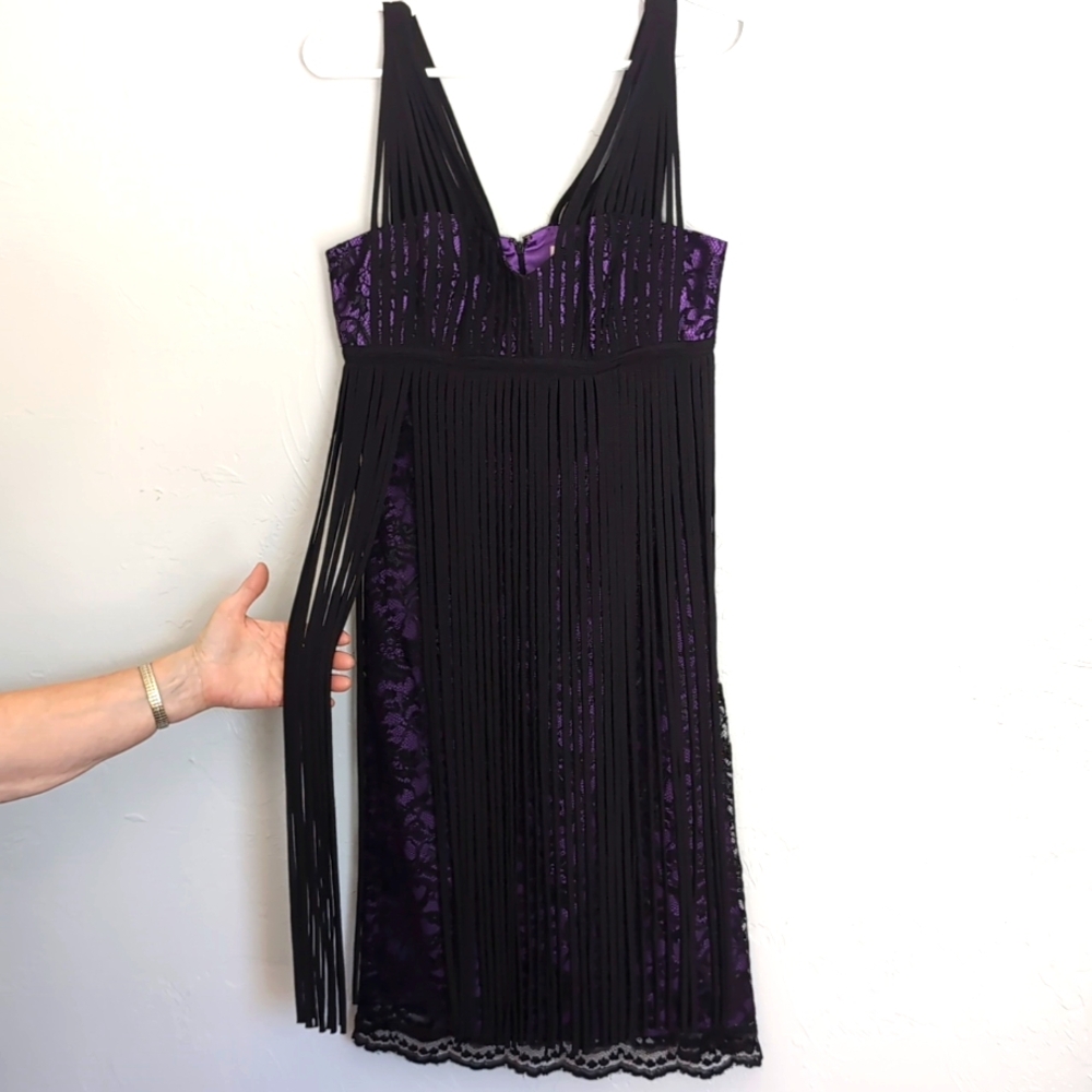 Nina Austin Fringe & Lace Mini Lace Dress in Black & Purple Women's Size Small